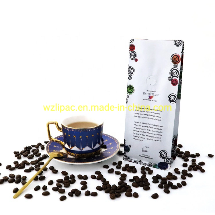 Custom Printed Heat Seal Matt White Flat Block Bottom Plastic Ziplock Valve Green Roasted Coffee Beans Bags